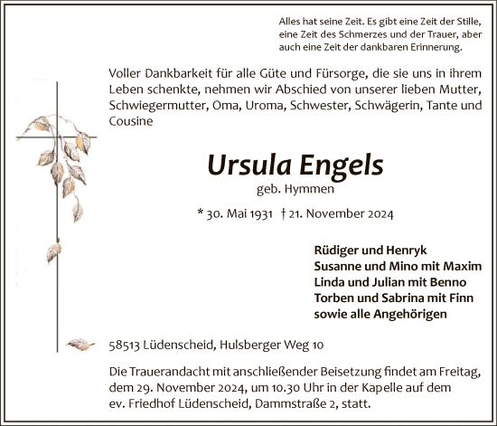 Traueranzeige von Ursula Engels von WA