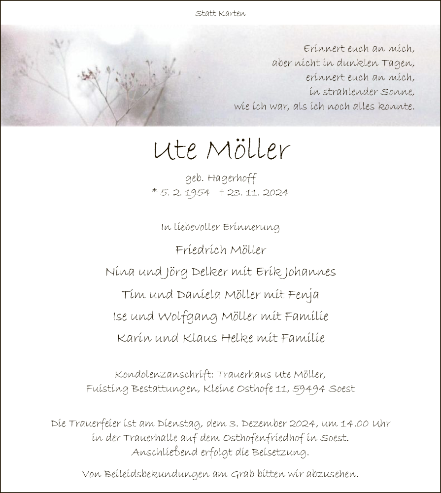  Traueranzeige für Ute Möller vom 30.11.2024 aus WA