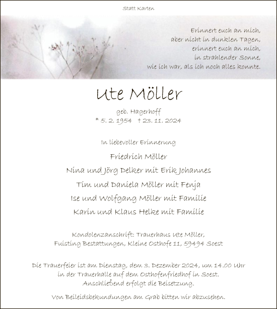 Traueranzeige von Ute Möller von WA