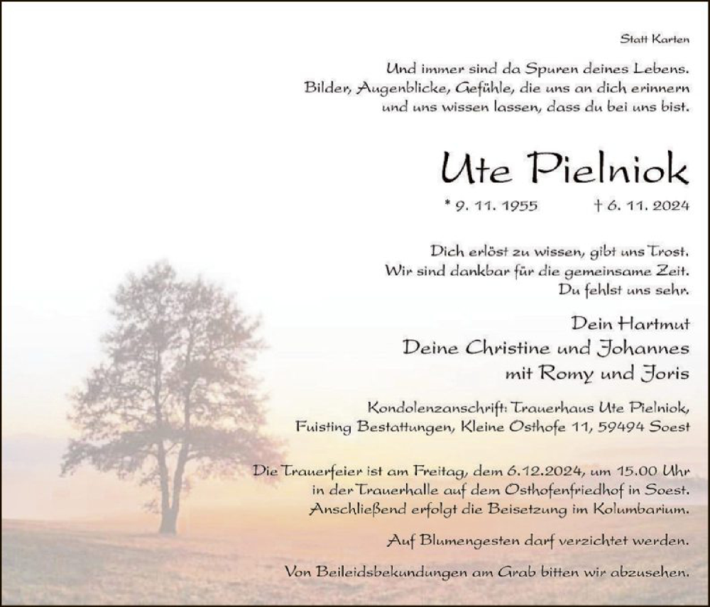  Traueranzeige für Ute Pielniok vom 23.11.2024 aus WA