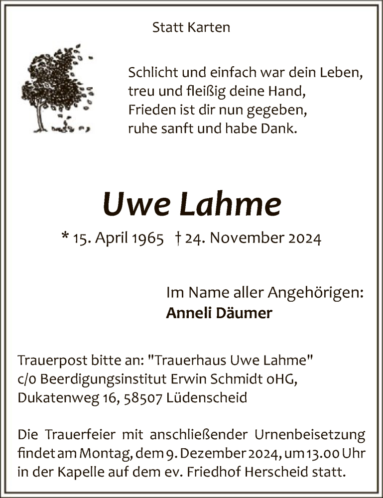  Traueranzeige für Uwe Lahme vom 28.11.2024 aus WA