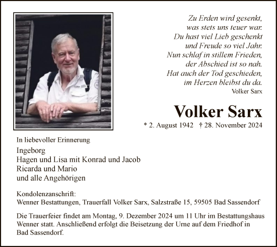 Traueranzeige von Volker Sarx von WA