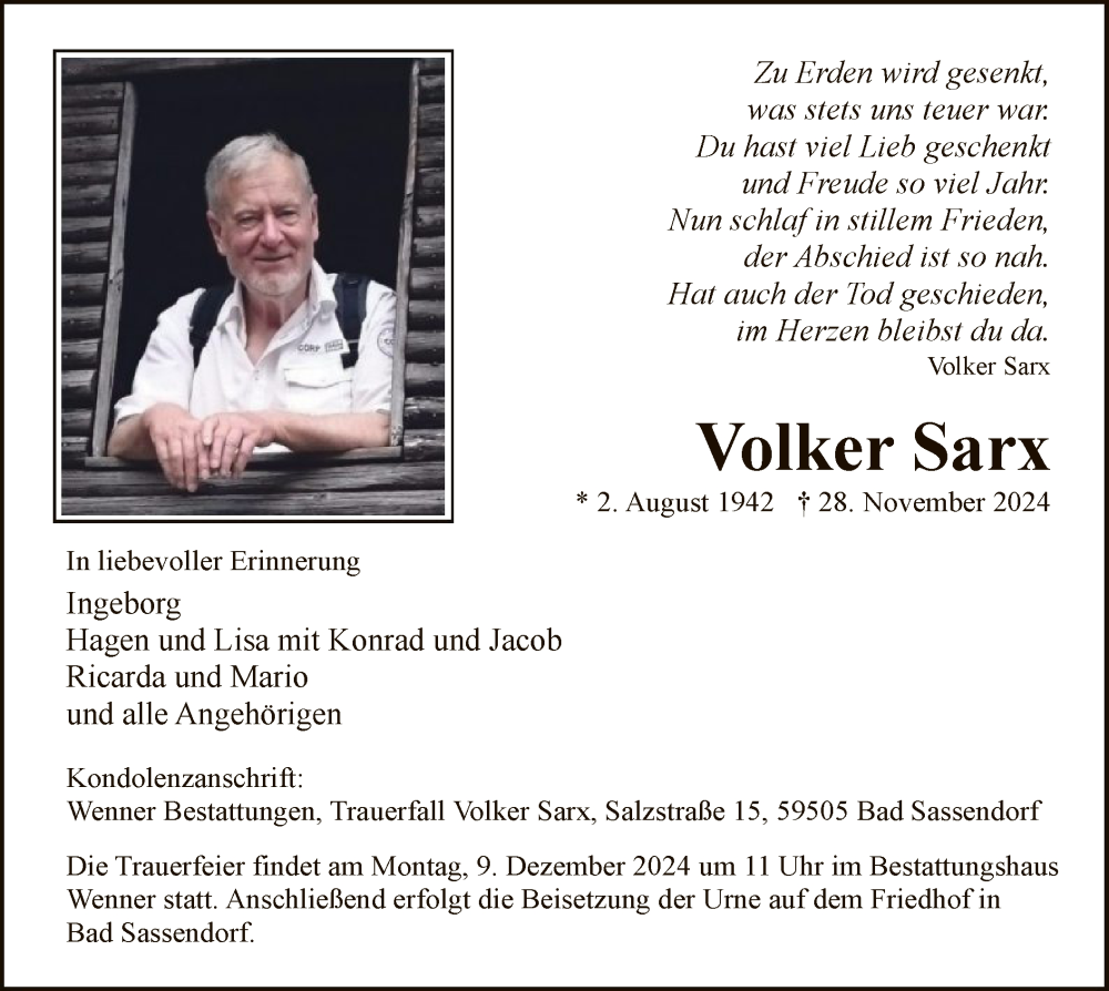  Traueranzeige für Volker Sarx vom 30.11.2024 aus WA