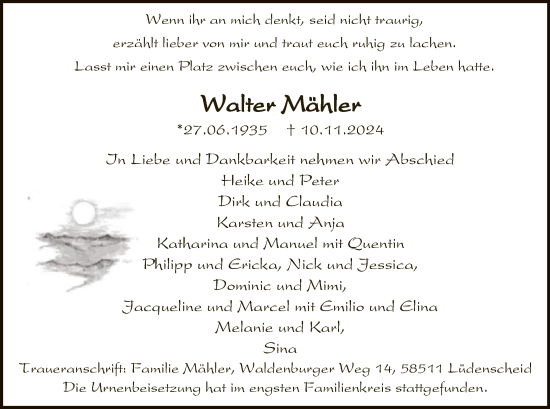 Traueranzeige von Walter Mähler von WA
