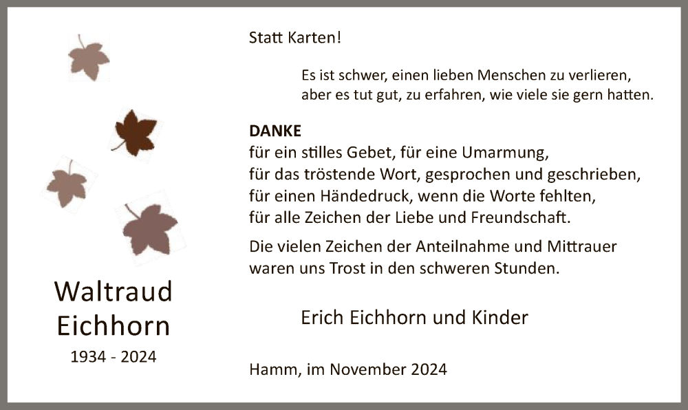  Traueranzeige für Waltraud Eichhorn vom 30.11.2024 aus WA