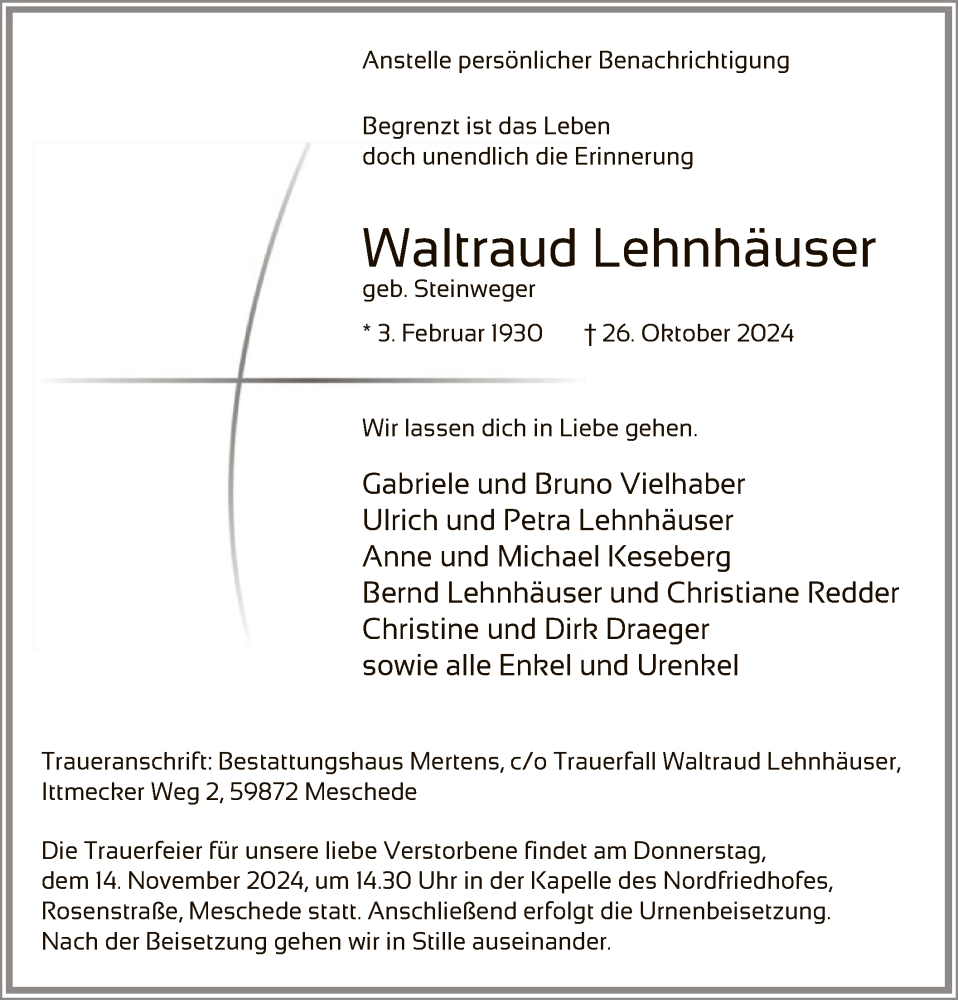  Traueranzeige für Waltraud Lehnhäuser vom 09.11.2024 aus WAWA