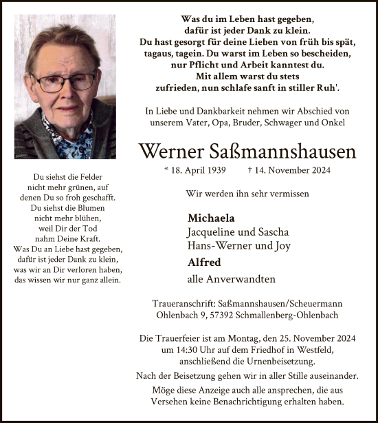 Traueranzeige von Werner Saßmannshausen von WA