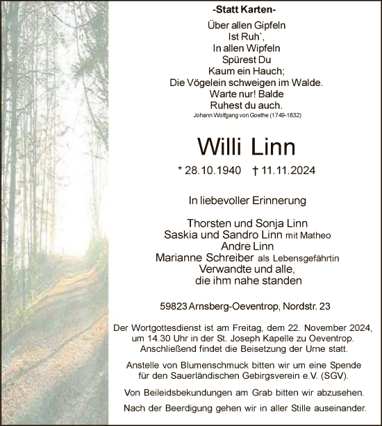 Traueranzeige von Willi Linn von WA