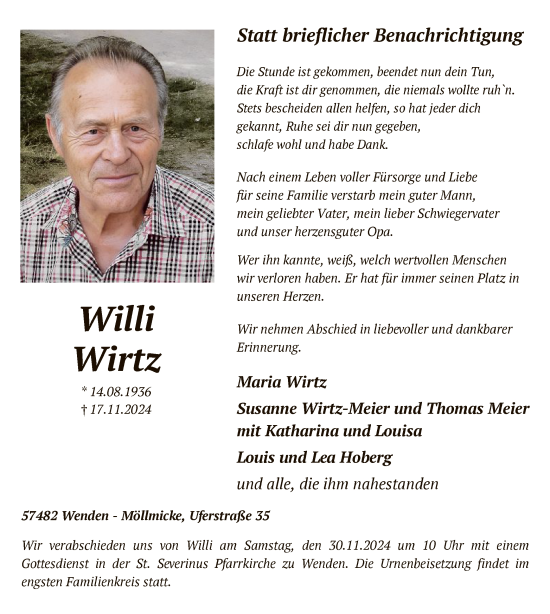 Traueranzeige von Willi Wirtz von WA