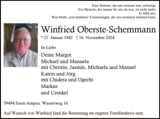 Traueranzeige von Winfried Oberste-Schemmann von WA