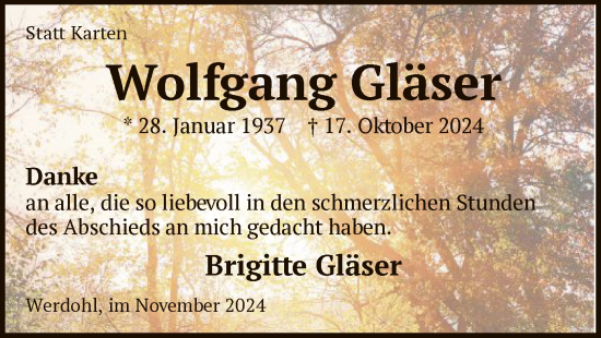 Traueranzeige von Wolfgang Gläse von WA