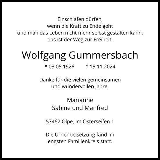Traueranzeige von Wolfgang Gummersbach von WA
