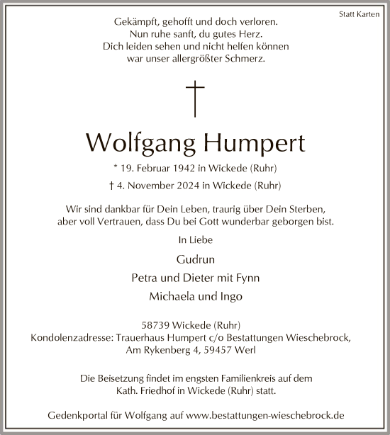 Traueranzeige von Wolfgang Humpert von WA