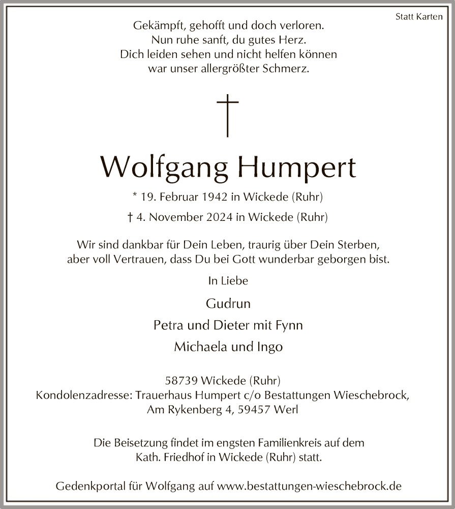  Traueranzeige für Wolfgang Humpert vom 12.11.2024 aus WA