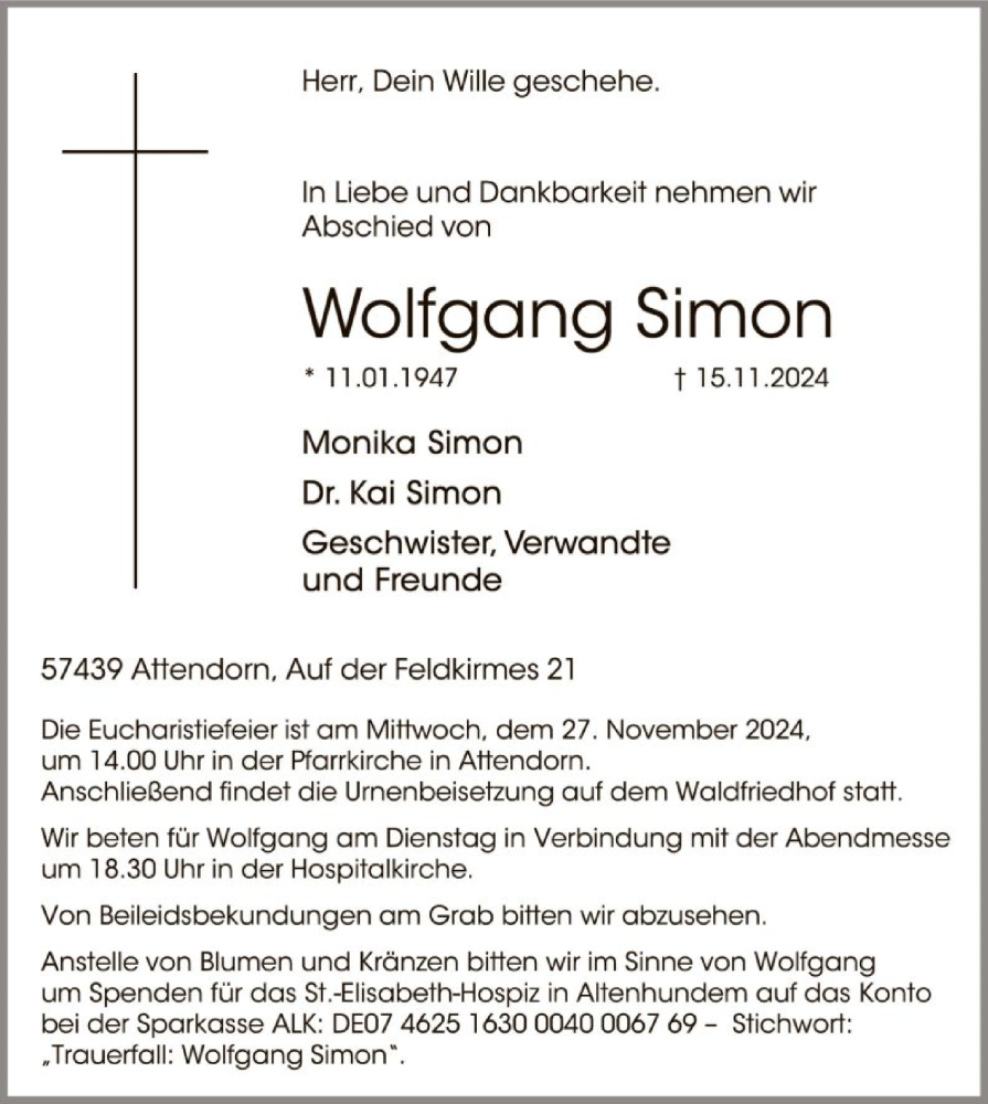 Traueranzeige für Wolfgang Simon vom 23.11.2024 aus WA