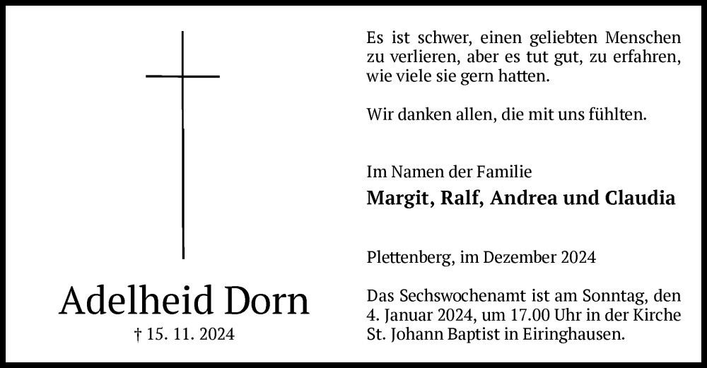  Traueranzeige für Adelheid Dorn vom 28.12.2024 aus WA