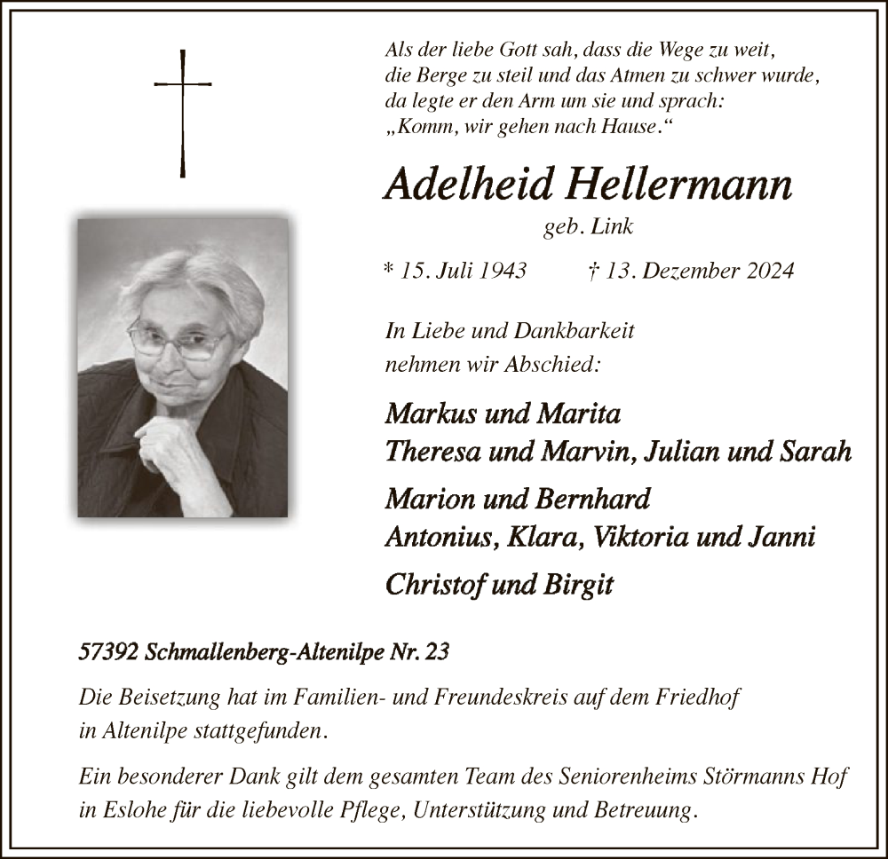  Traueranzeige für Adelheid Hellermann vom 21.12.2024 aus WA