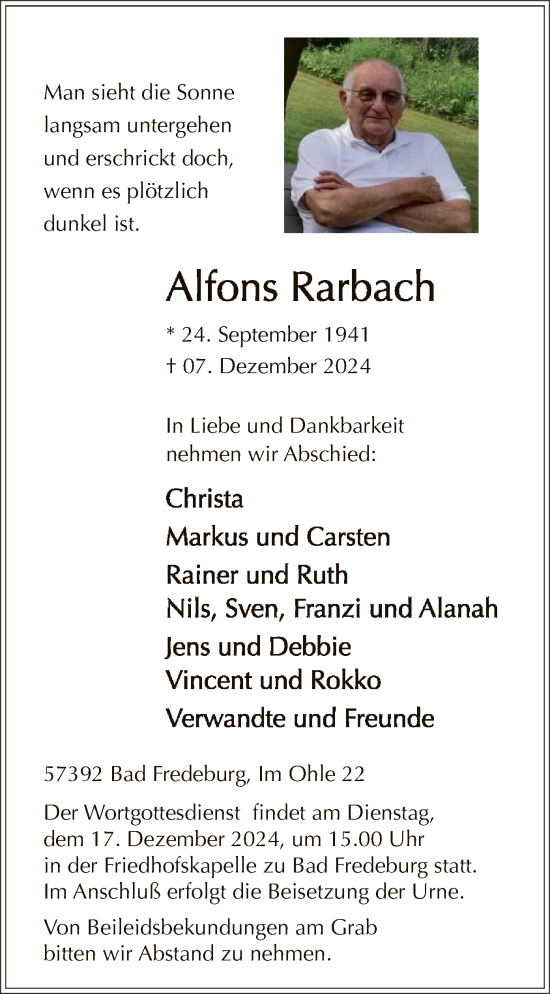 Traueranzeige von Alfons Rarbach von WA