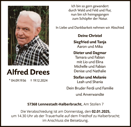 Traueranzeige von Alfred Drees von WA