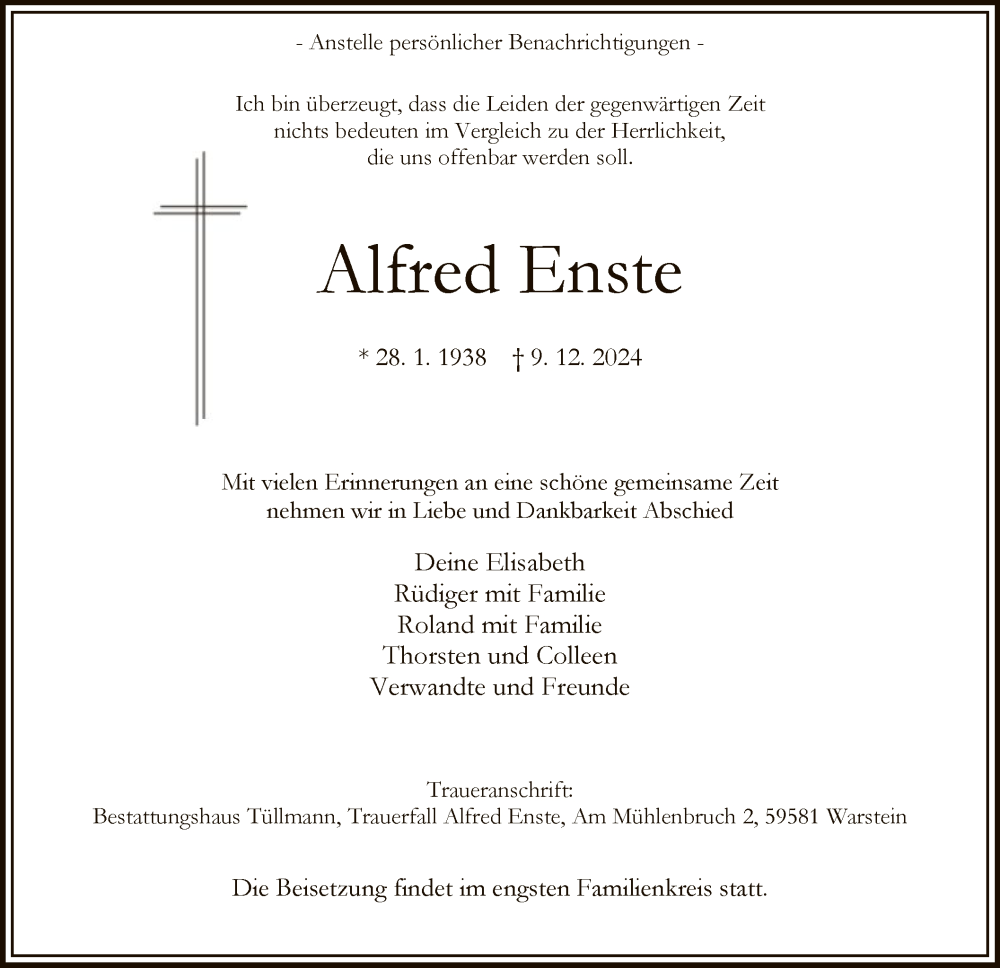  Traueranzeige für Alfred Enste vom 13.12.2024 aus WA