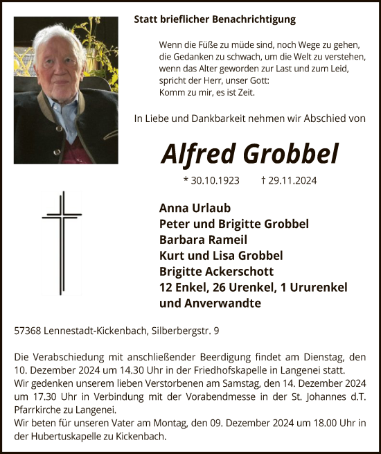 Traueranzeige von Alfred Grobbel von WA