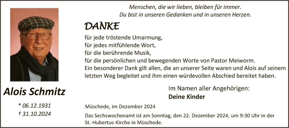  Traueranzeige für Alois Schmitz vom 14.12.2024 aus WA