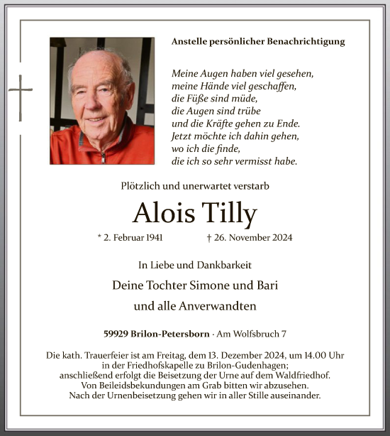 Traueranzeige von Alois Tilly von WA