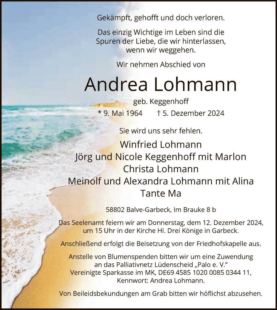  Traueranzeige für Andrea Lohmann vom 10.12.2024 aus WA