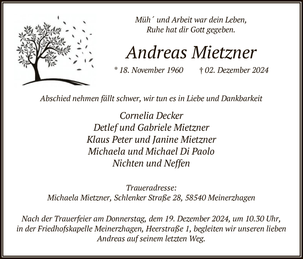  Traueranzeige für Andreas Mietzner vom 16.12.2024 aus WA