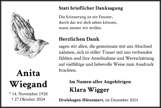 Traueranzeige von Anita Wiegand von WA