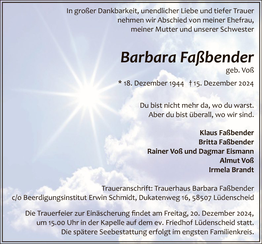  Traueranzeige für Barbara Faßbender vom 18.12.2024 aus WA