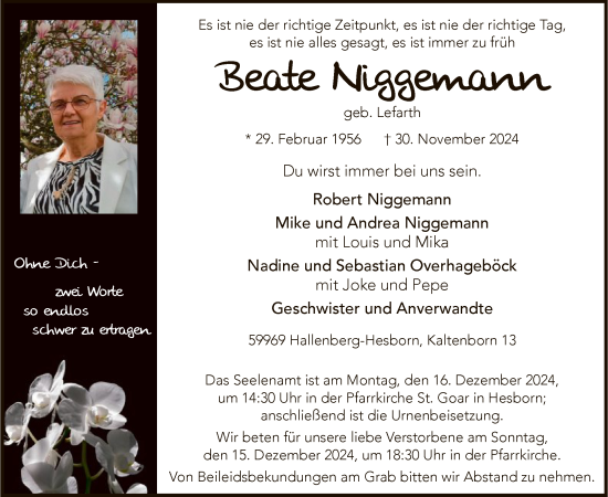 Traueranzeige von Beate Niggemann von WA