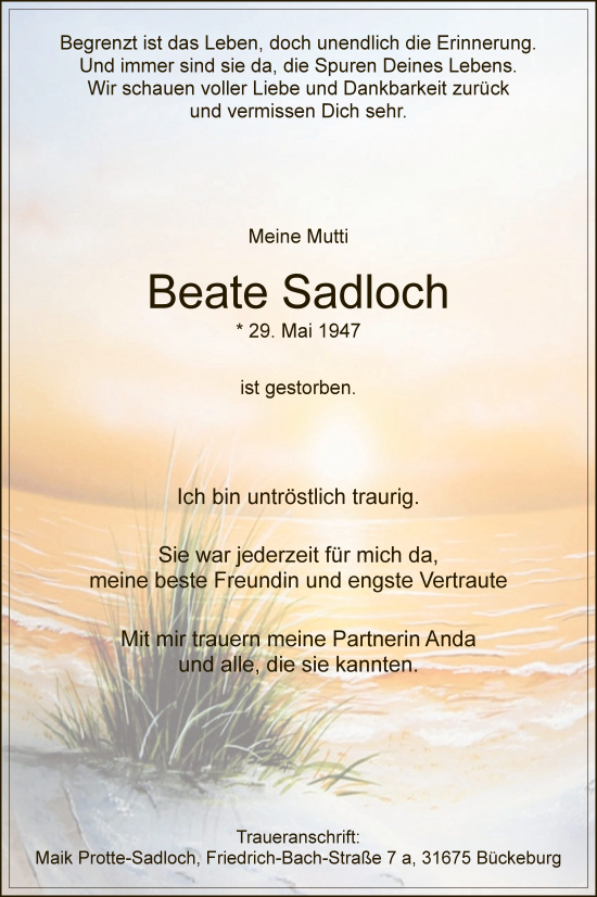 Traueranzeige von Beate Sadloch von WA