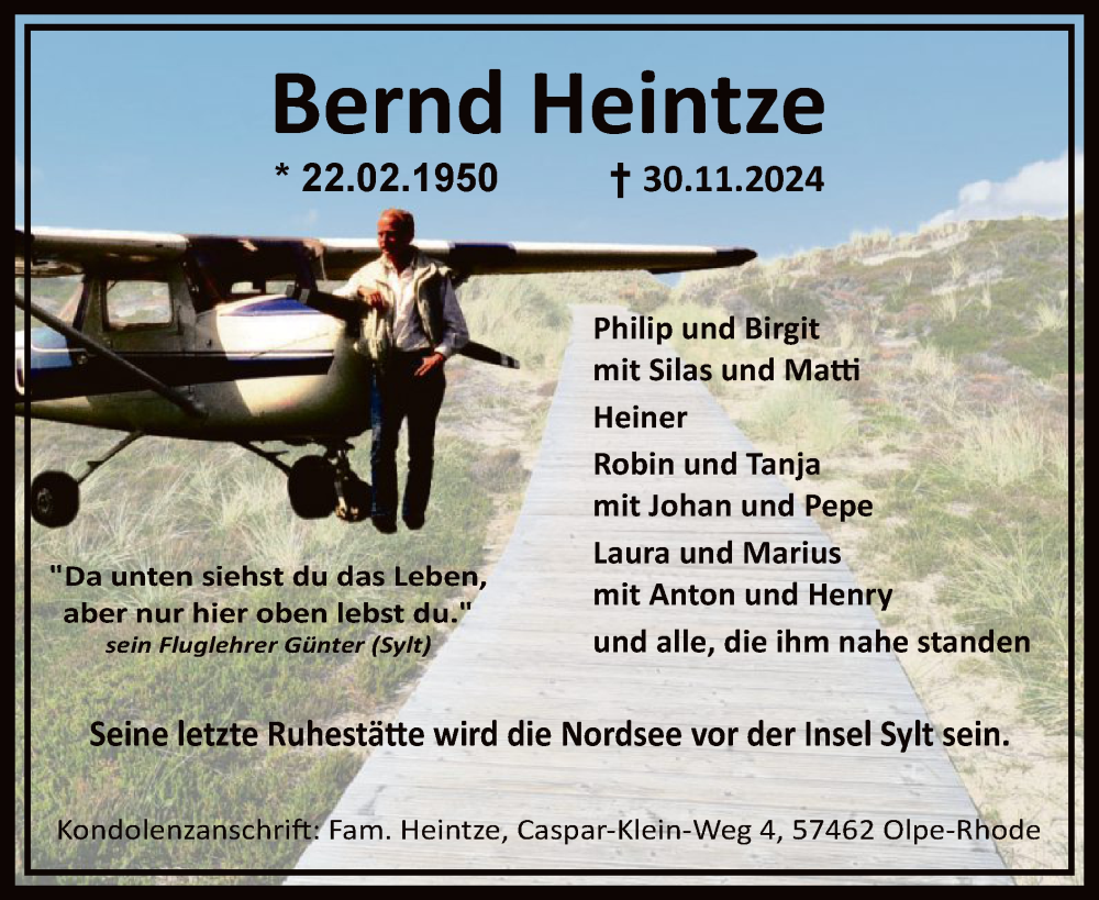  Traueranzeige für Bernd Heintze vom 07.12.2024 aus WA