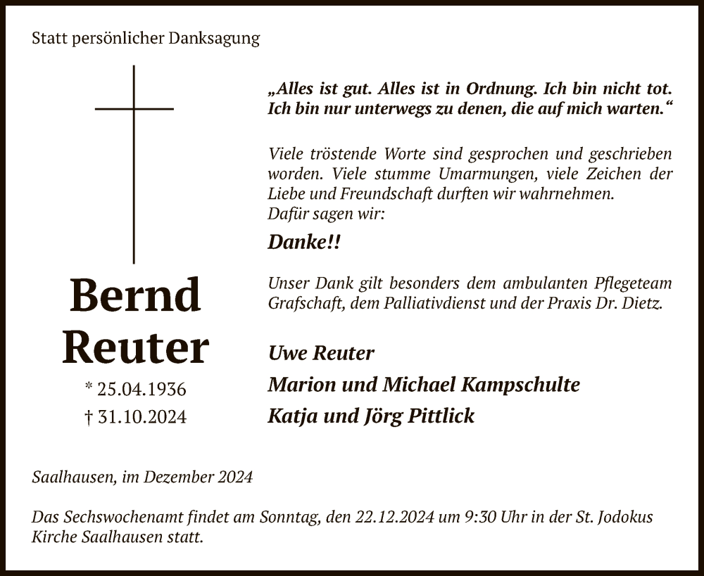  Traueranzeige für Bernd Reuter vom 14.12.2024 aus WA