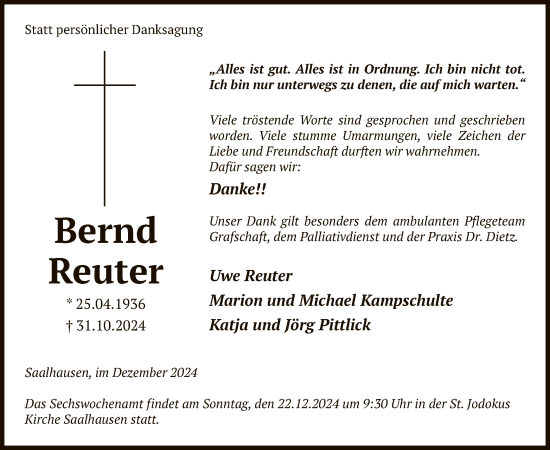 Traueranzeige von Bernd Reuter von WA