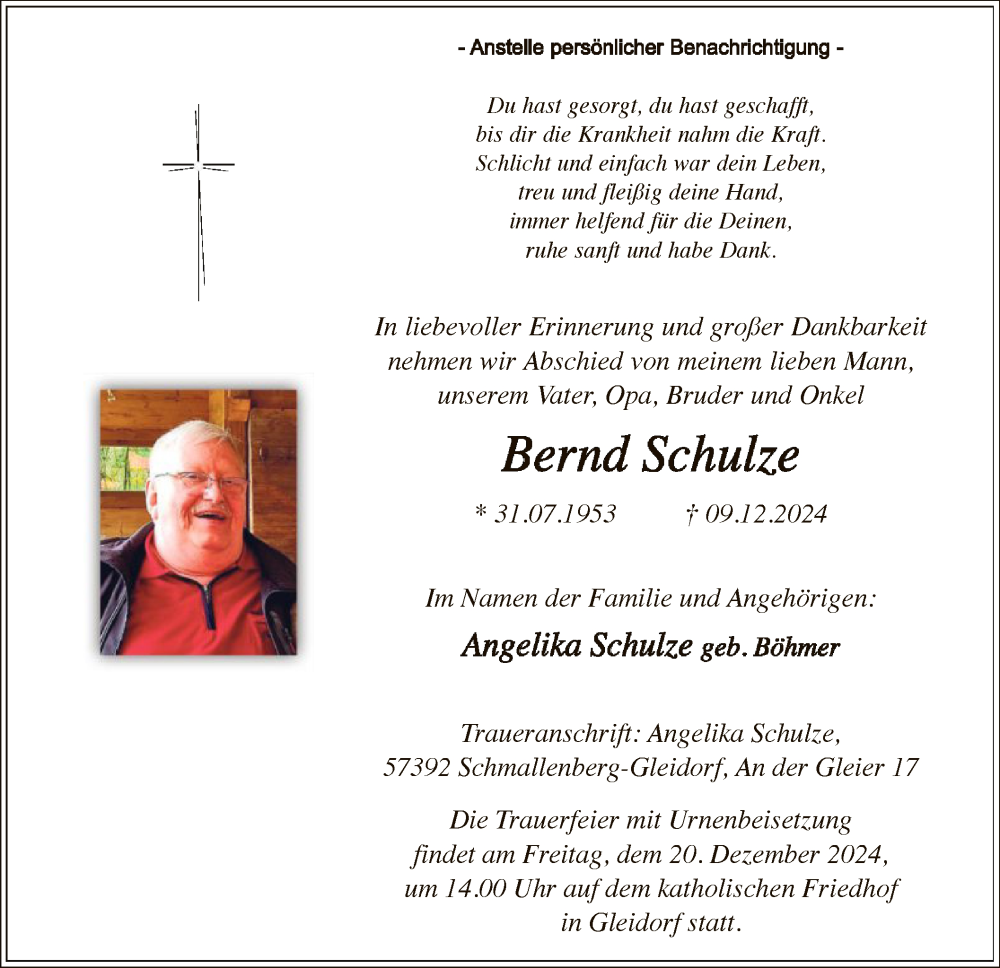  Traueranzeige für Bernd Schulze vom 14.12.2024 aus WA