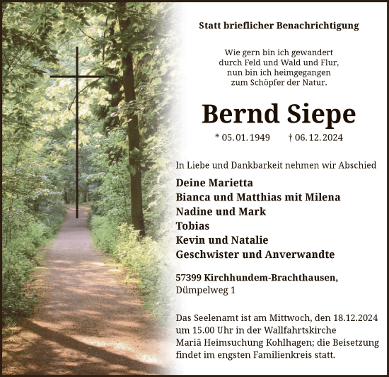 Traueranzeige von Bernd Siepe von WA