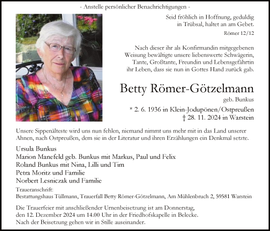 Traueranzeige von Betty Römer-Götzelmann von WA