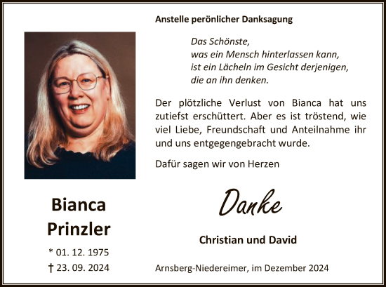 Traueranzeige von Bianca Prinzler von WA