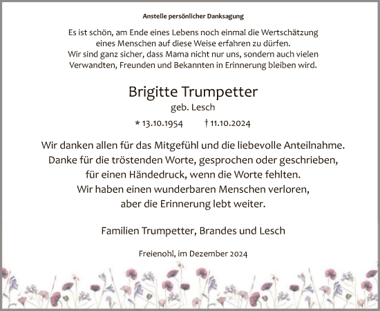 Traueranzeige von Brigitte Trumpetter von WA