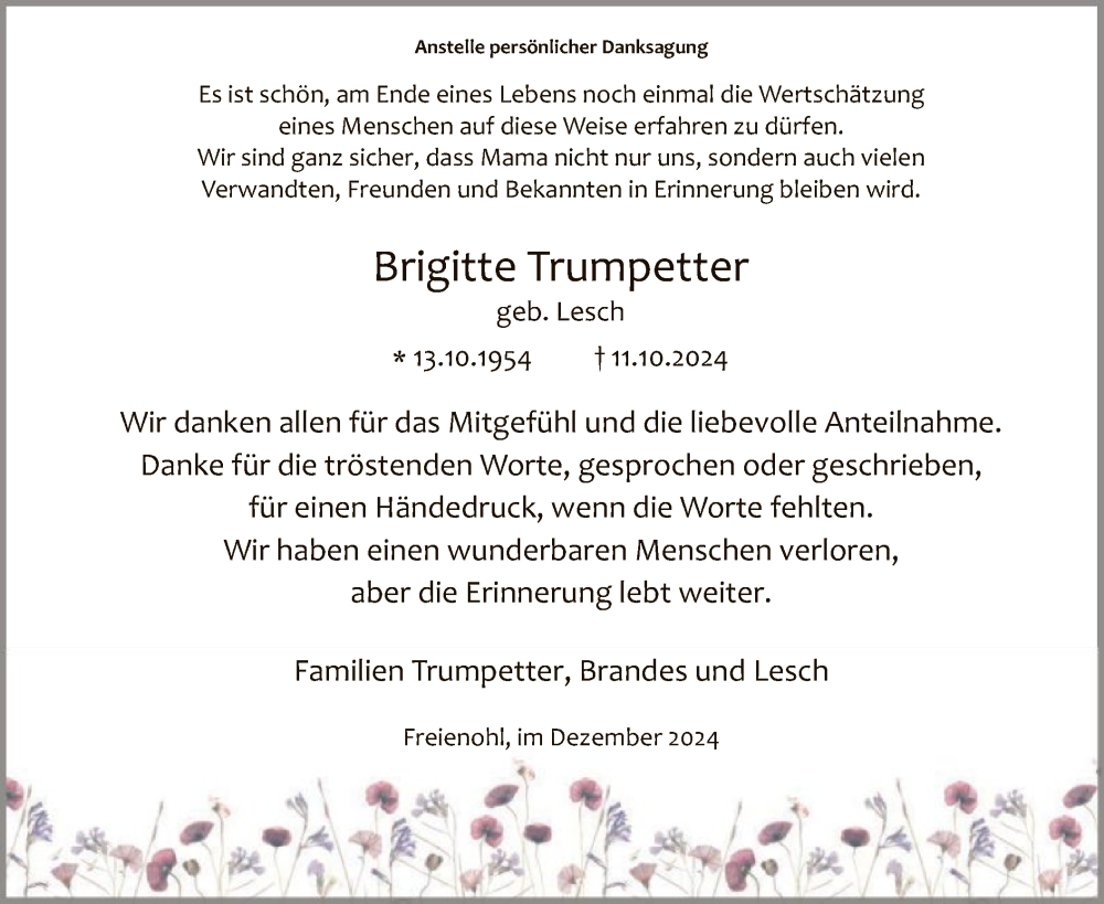  Traueranzeige für Brigitte Trumpetter vom 07.12.2024 aus WA