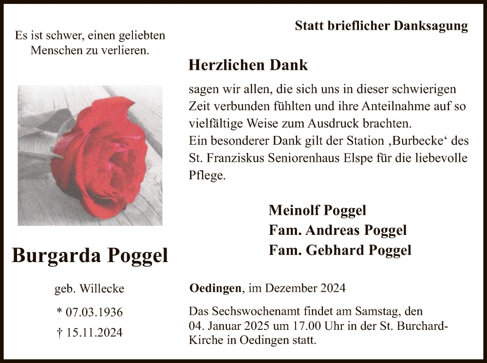  Traueranzeige für Burgarda Poggel vom 28.12.2024 aus WA