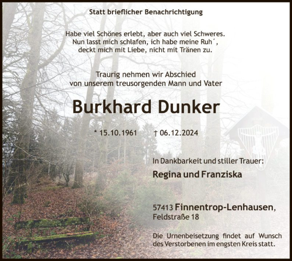  Traueranzeige für Burkhard Dunker vom 21.12.2024 aus WA