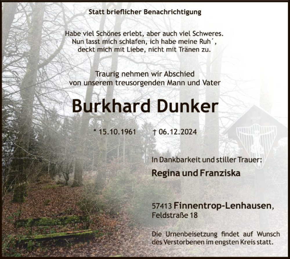  Traueranzeige für Burkhard Dunker vom 21.12.2024 aus WA