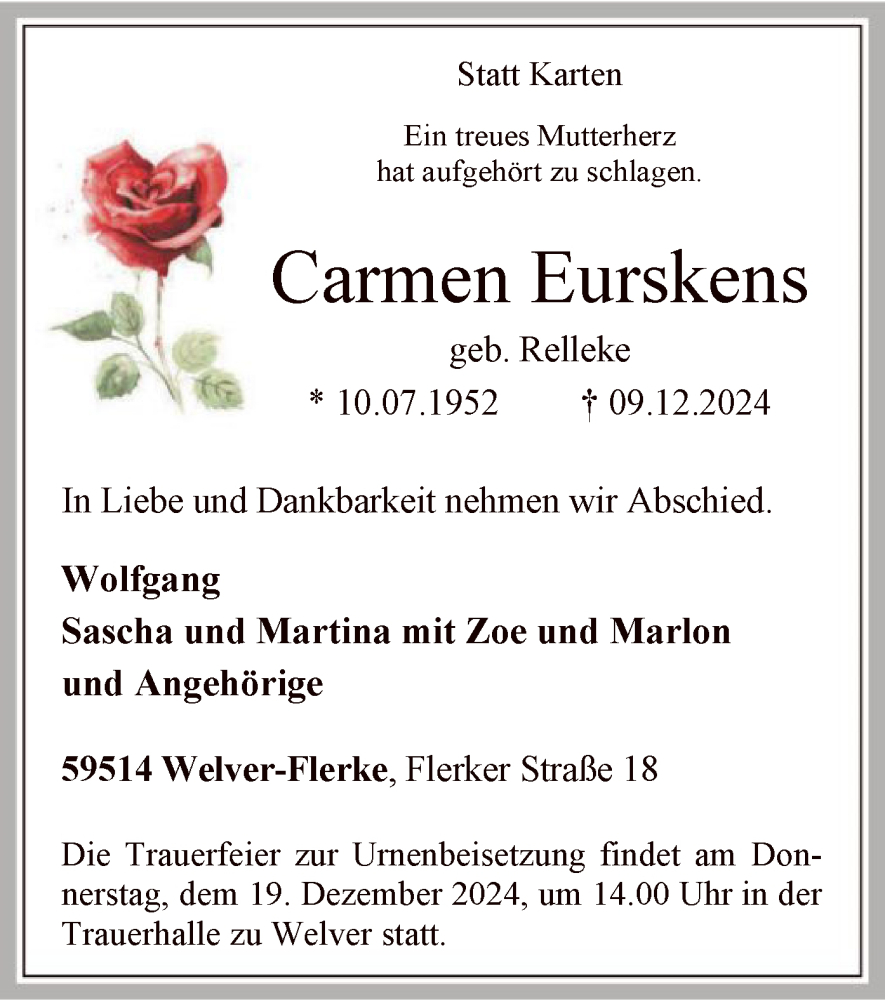  Traueranzeige für Carmen Eurskens vom 13.12.2024 aus WA
