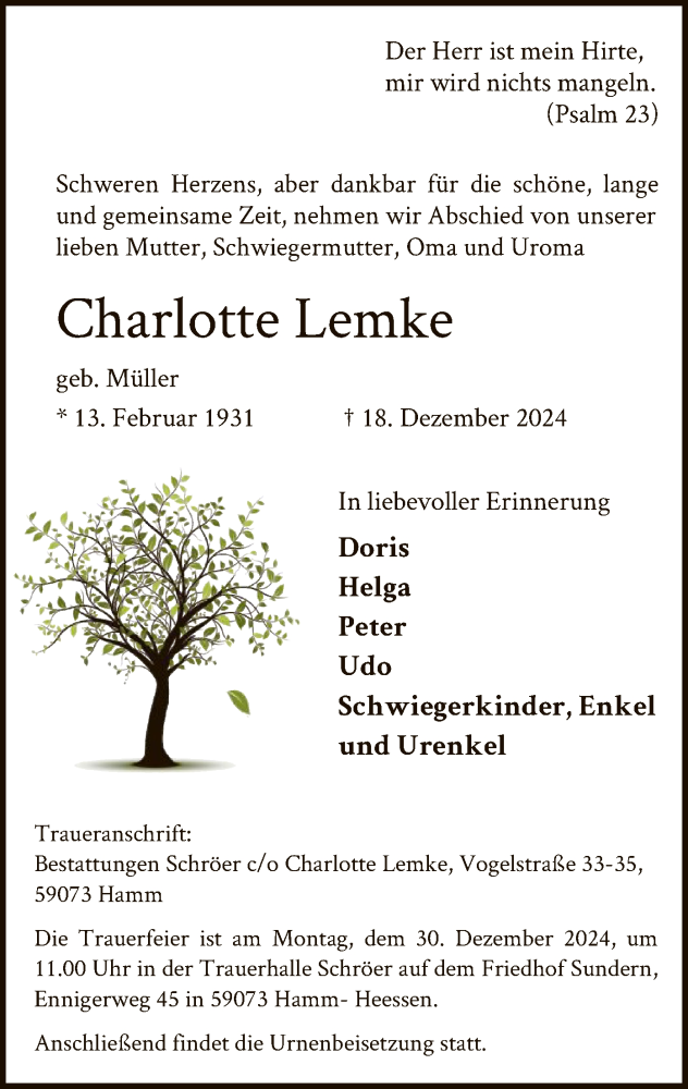  Traueranzeige für Charlotte Lemke vom 28.12.2024 aus WA