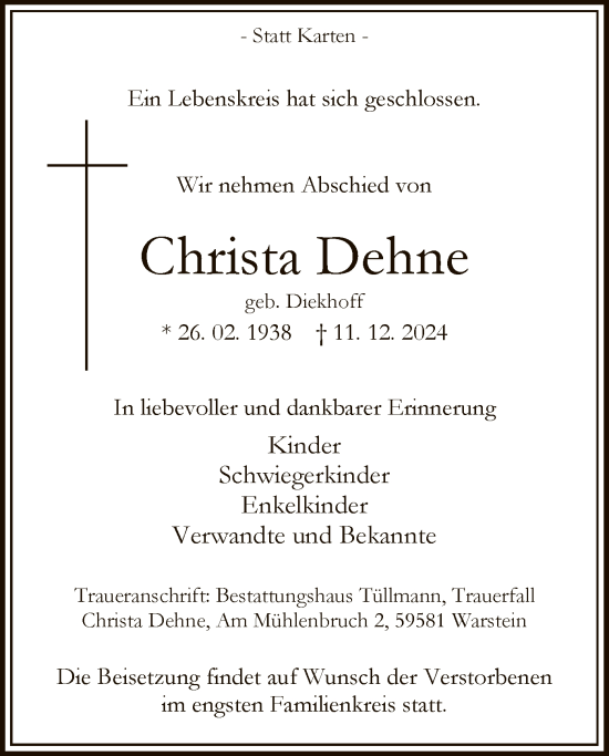 Traueranzeige von Christa Dehne von WA