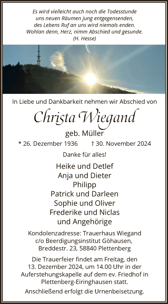  Traueranzeige für Christa Wiegand vom 06.12.2024 aus WA
