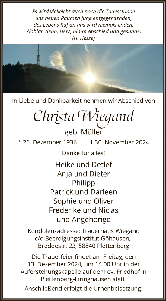 Traueranzeige von Christa Wiegand von WA